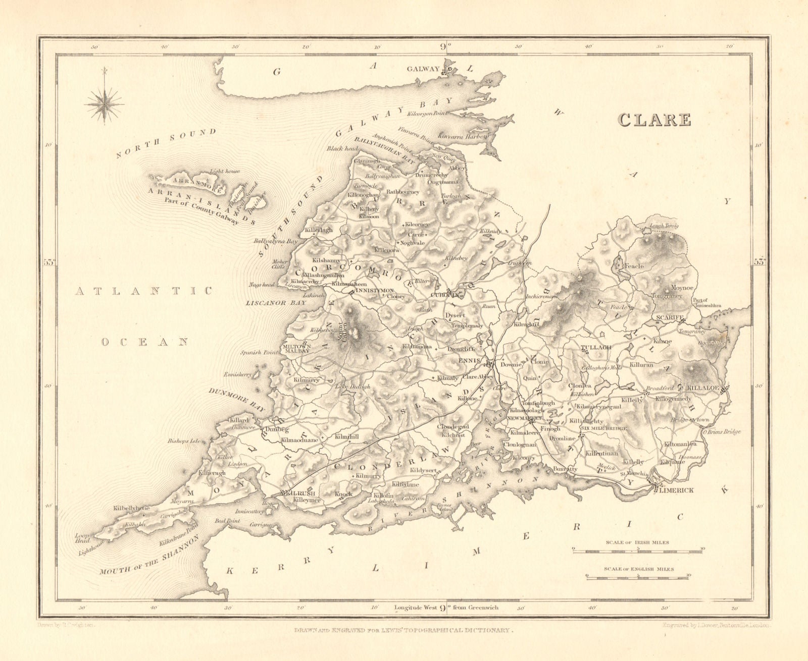 COUNTY CLARE antique map for LEWIS by CREIGHTON & DOWER - Ireland 1846 old